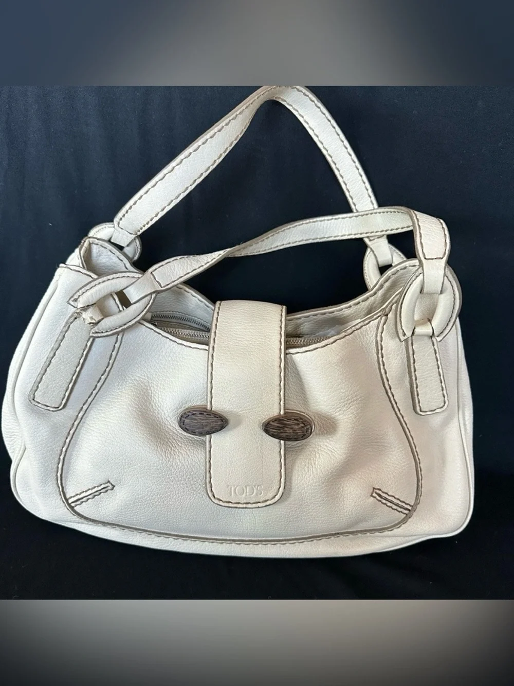 Tod's Cream Leather Shoulder Bag with Wood-Tone Accents